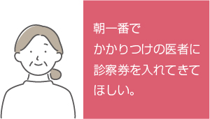 朝一番でかかりつけの医者に診察券を入れてきてほしい。